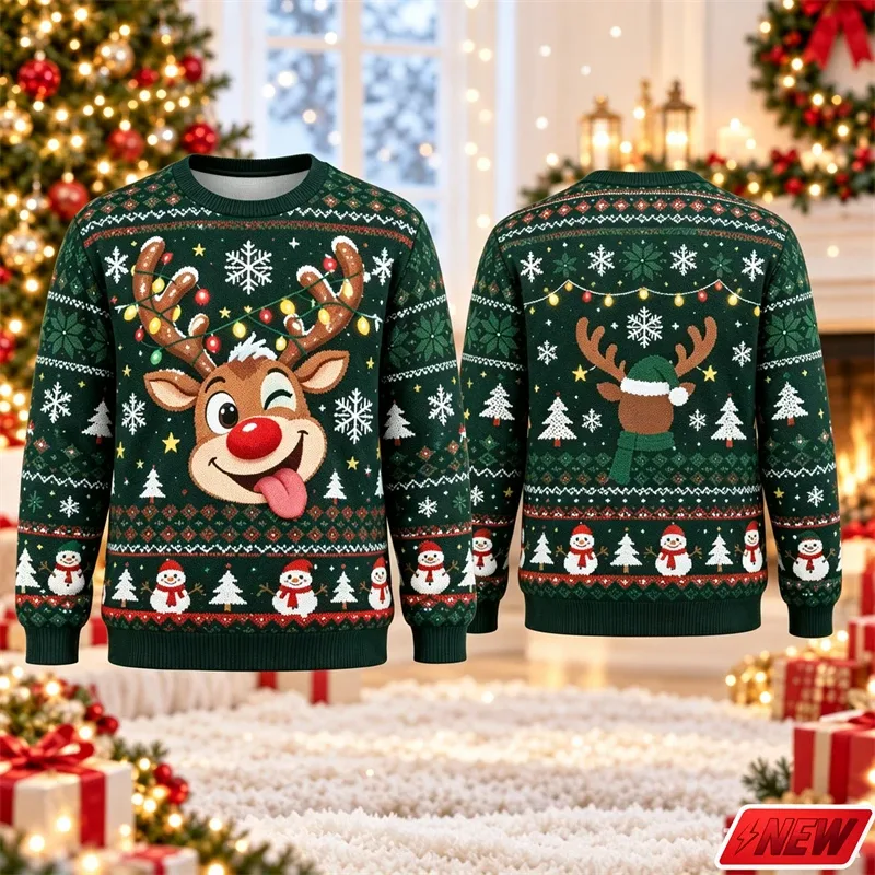 Cute Reindeer Graphic Ugly Christmas Sweater Men Women 3d Printed Christmas Tree Sweatshirt 2027 New Year Party Crew Neck Hoodie — image 3