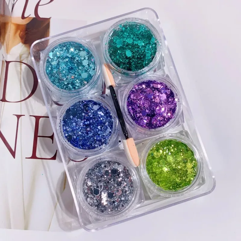 6 Teile/satz Sparkly Bunte Augen Glitter Gel Festival Glitter Gesicht Haar Pailletten Gel Creme Herz Stern Mond Pailletten