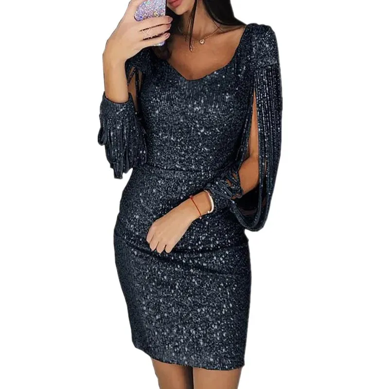 Evening Dresses for Women Elegant Long Sleeve Sequin Mini Dresses Sexy Ruched Bodycon Sparkly Glitter Cocktail Party Dresses