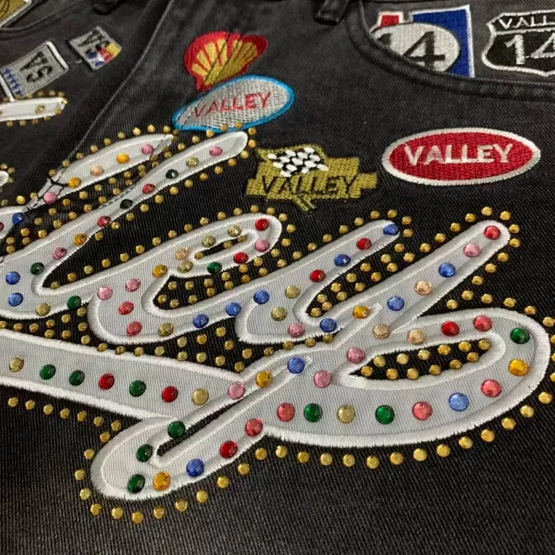 New Y2K Colorful Rhinestone VALLEY Embroidery Patch Label Denim Shorts Jorts Men Women High Quality Loose Straight Short Jeans — image 6
