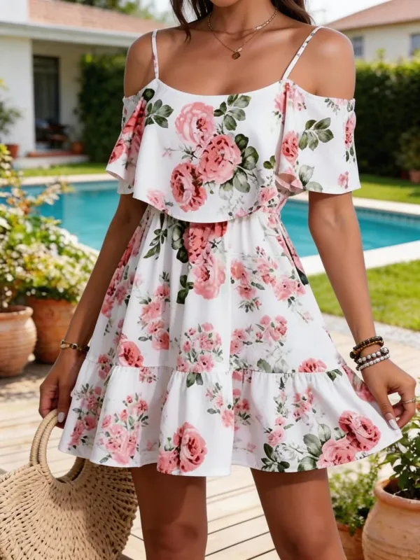 Women's European-Style Floral Print Dress Sleeveless Halter Top with Ruffled Edges Short Skirt for Summer — image 1