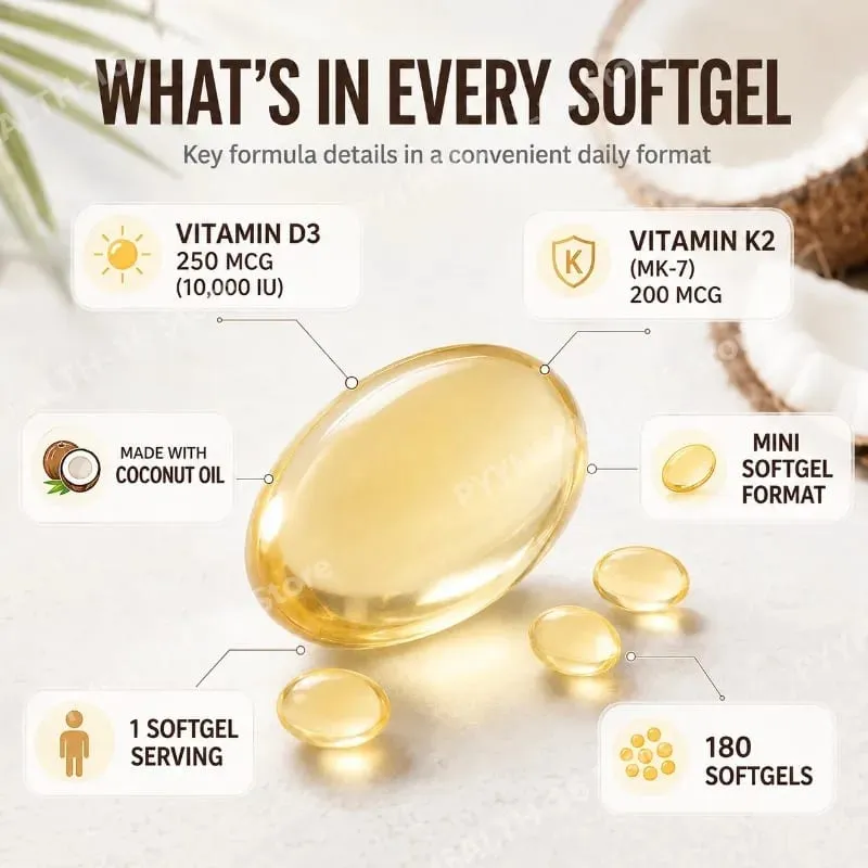 Vitamin D3 K2 Softgels with MK-7 10000 IU Vitamin D3 200mcg K2 Soy Free Gluten Free Daily Nutrition Supplement 300 Softgels — image 4