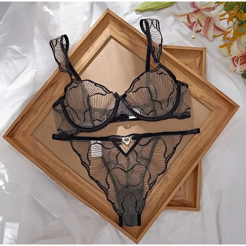 French Lace Bra and Panty Set Embroidered Mesh Sheer Lingerie with Spaghetti Straps Ripple Pattern for Spring Summer Women Wear — image 1