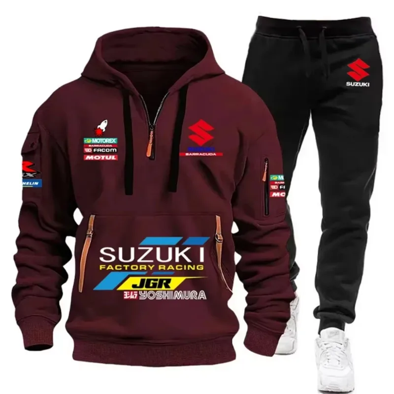 2026 Suzuki Men's Hoodie, Half-Closed Front Multi-Pocket Sport Shirt + Athletic Pants Two-Piece Set for Cycling, Running and Mot — image 5