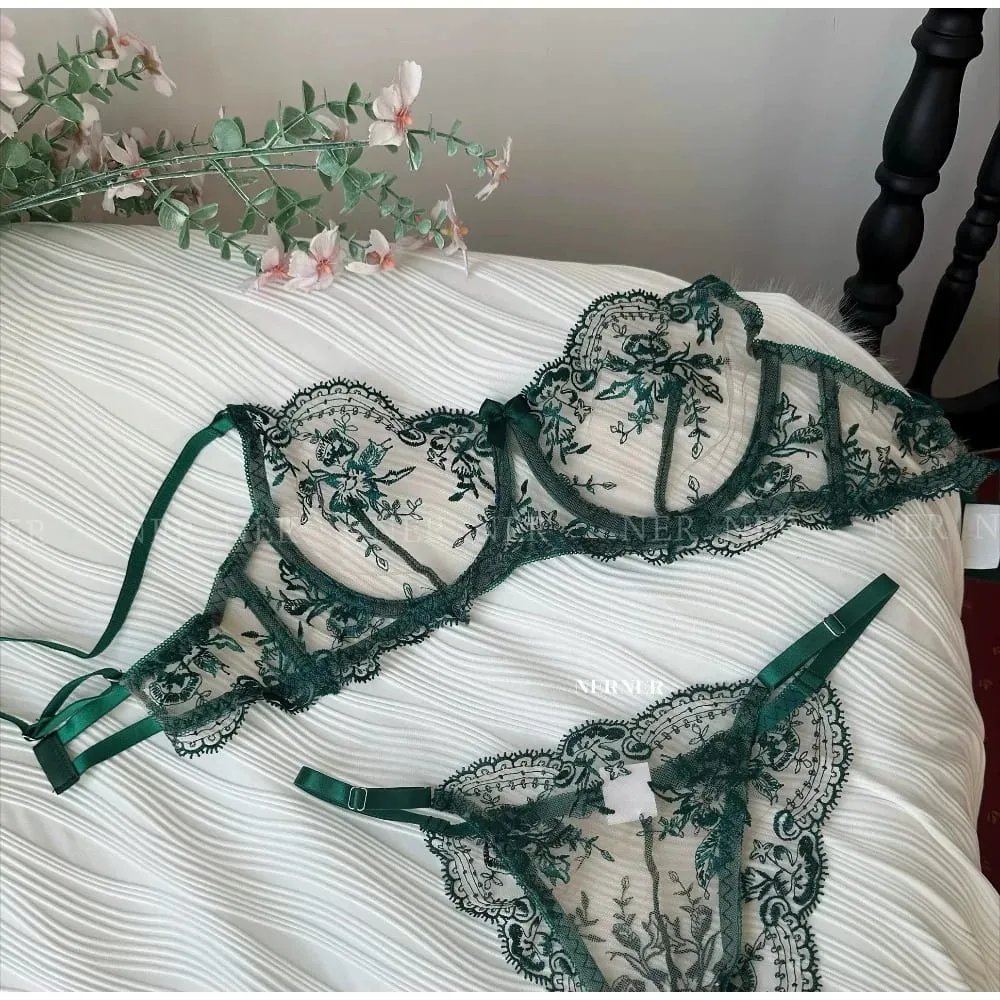 Sexy Transparent Lace Bra French Embroidery Thin Push‑Up Gather Bra For Men Crossdresser Sheer Lingerie Underwear — image 3