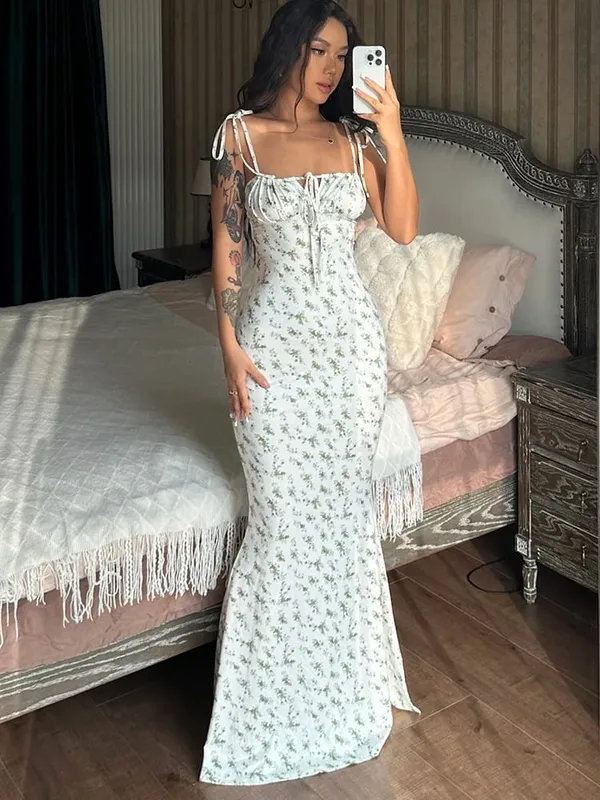 Hugcitar 꽃 프린트 민소매 백리스 슬립 레이스 업 맥시 드레스 섹시한 Bodycon 여름 우아한 의상 휴일 파티 도매 — image 10