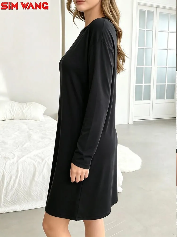 Long-Sleeved Dress for Women. Loose Round-Neck Long-Style Solid-Color Basic Home-Style Casual Dress. — image 4