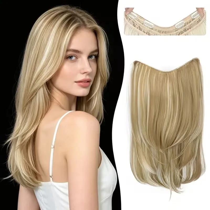 22Inch Synthetic V-Shaped Long Layered Straight Hair Extensions Invisible Increase Volume Fashion Lazy Hairstyle for Women
