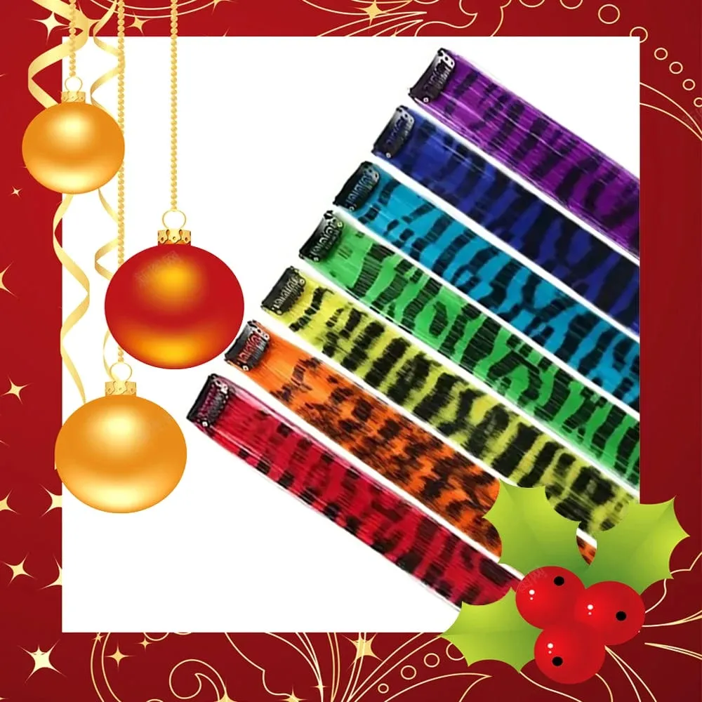 18' 7 Pcs Rainbow Long Straight Zebra Print Synthetic Feather Clip in Hair Extensions for Women Ideal Halloween Christmas — image 4