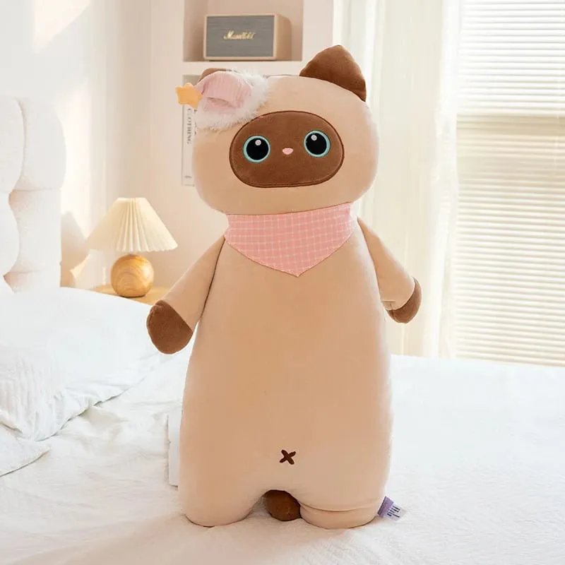 58cm Cute Sweet Dream Good Night Cat Throw Pillow Three Flowers Siam Coal Briquette Cat Doll Soft Stuffed Friend Gift