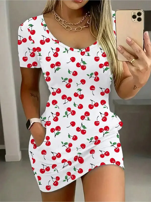 Elegant Casual round Neck Solid Color Cherry Print Pocket Short Sleeve Mini Skirt Long Dress Comfortable Fashionable Women's Dre