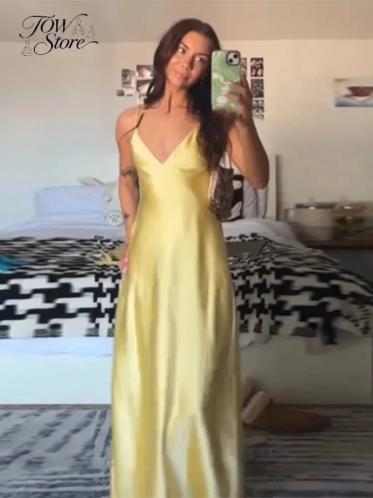 Women Solid Satin Sling Long Dress Casual Backless Sleeveless V-neck Pleated Gowns 2026 Summer Vacation Evening Party Robes — image 6