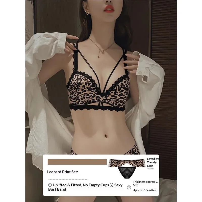Lace Leopard Print Lingerie Set for Summer Small Chest Gathering Soft Steel Ring Support Anti Sagging Seamless Back Bra Set — image 6