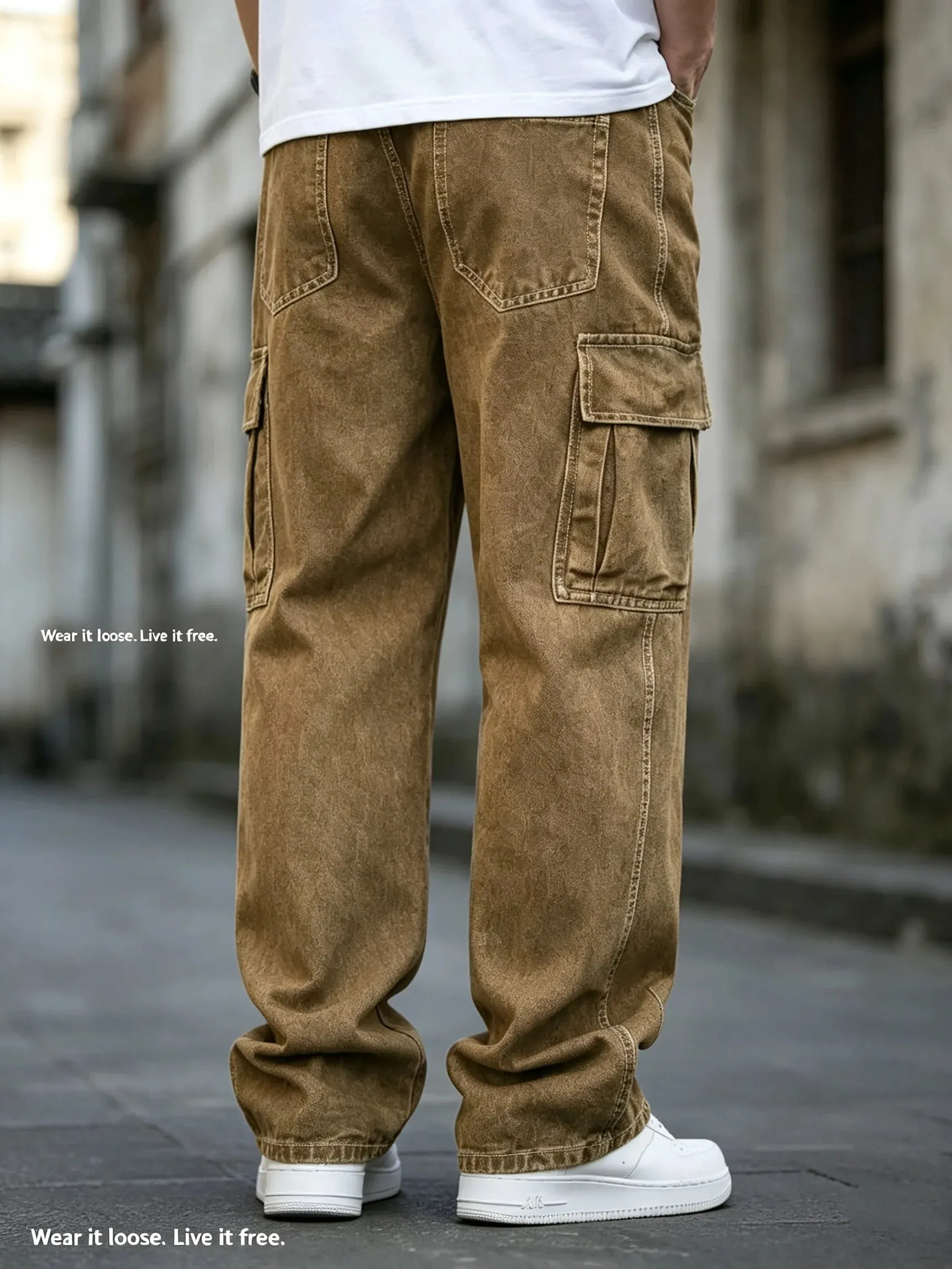 Men Baggy Cargo Jeans Retro Army Style Loose Fit Multi‑Pocket Denim Trousers Men's Casual Daily Outdoor Street Work Pants — image 2