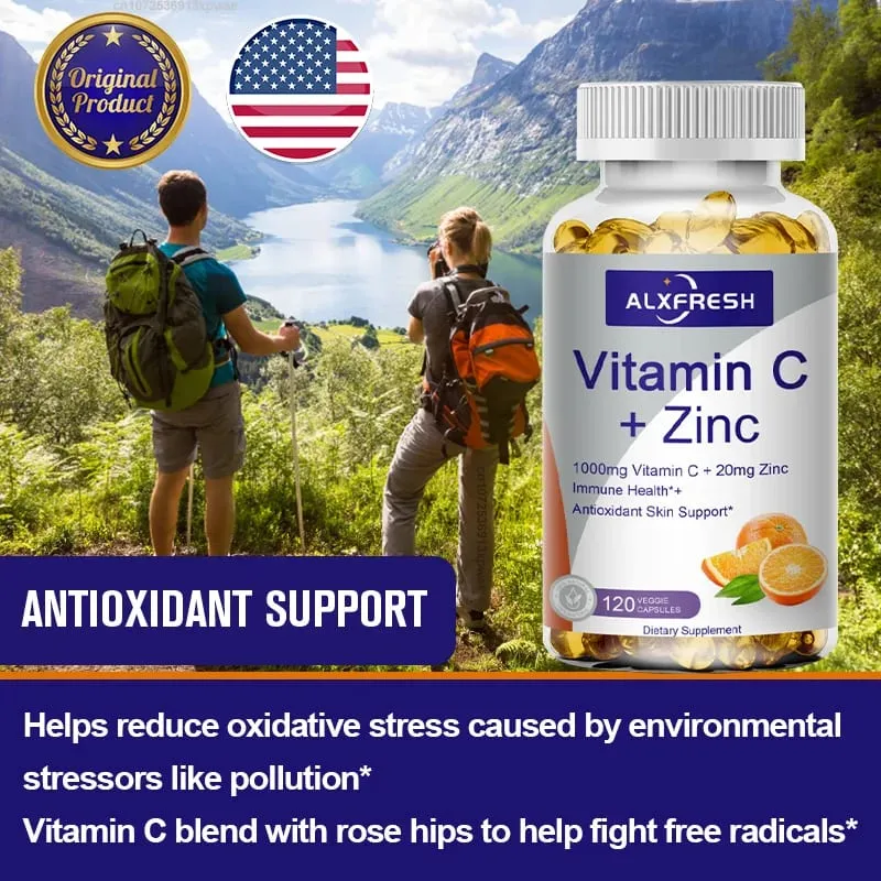 Alxfresh Vitamin C 1000 mg se zinkem 20 mg | Vitamínový doplněk stravy | Vegan bez GMO a bez lepku | pro Immune Support Caps