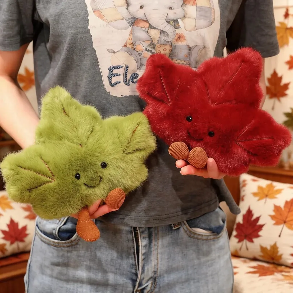 Cute Maple Leaf Plush Pillow Stuffed Red Green Plant Cushion with Legs Smiling Face Cute Plushie Sofa Chair Decor Gift
