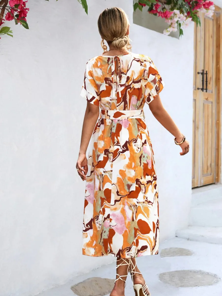 Women Long printed Dress with sashes Fashion Slim Chiffon O-neck A-line Loose Dress Elegant female holidays beach dresses — image 6