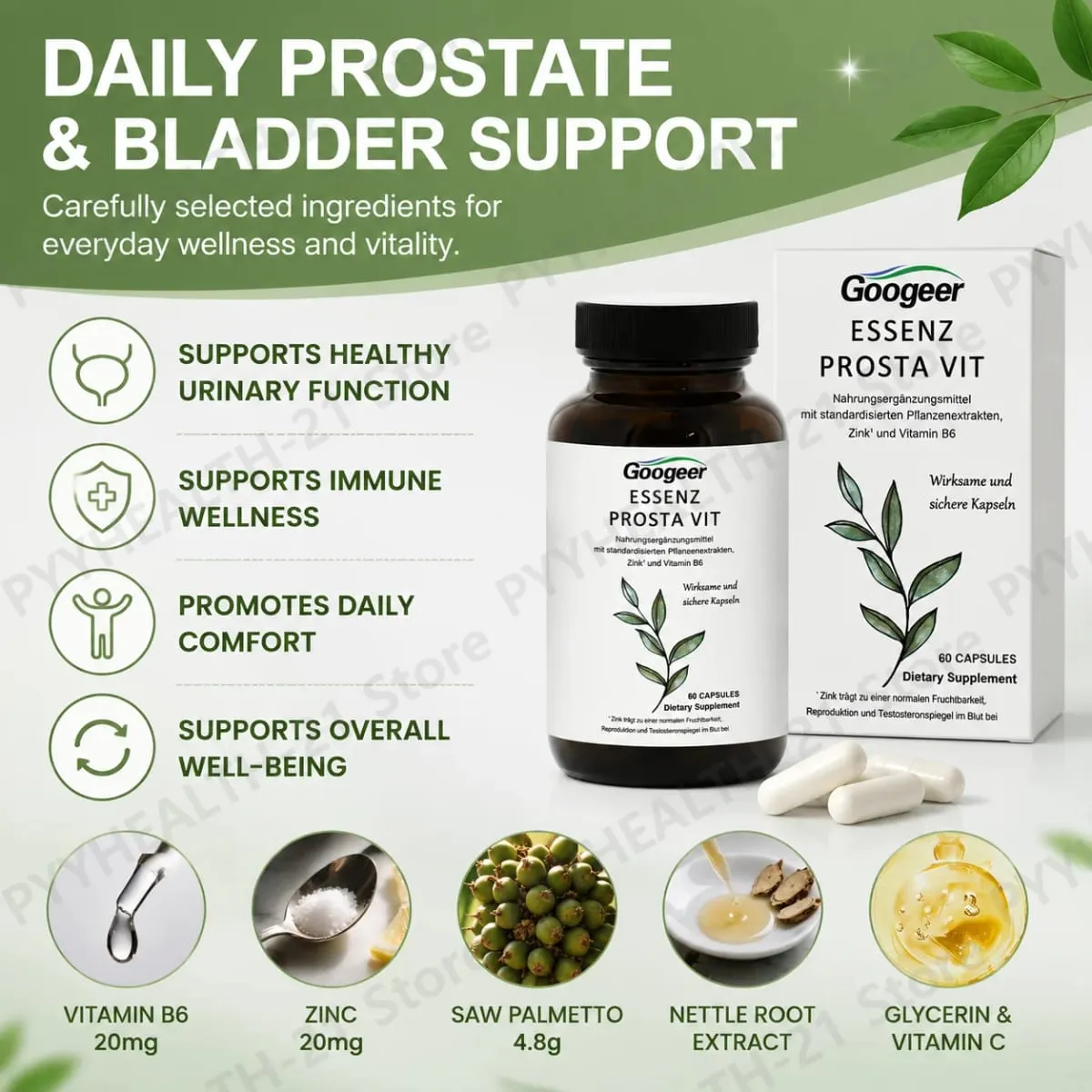 Googeer Prosta Vit Essenz Capsules with Saw Palmetto Zinc Vitamin B6 Supports Prostate Urinary Health Daily Comfort 60 Count