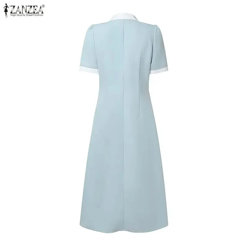 2026 ZANZEA Summer Elegant Lapel Neck Short Sleeve Sundress Women Stylish A Line Pleated Dresses Patchwork Work Midi Dress Robe — image 3