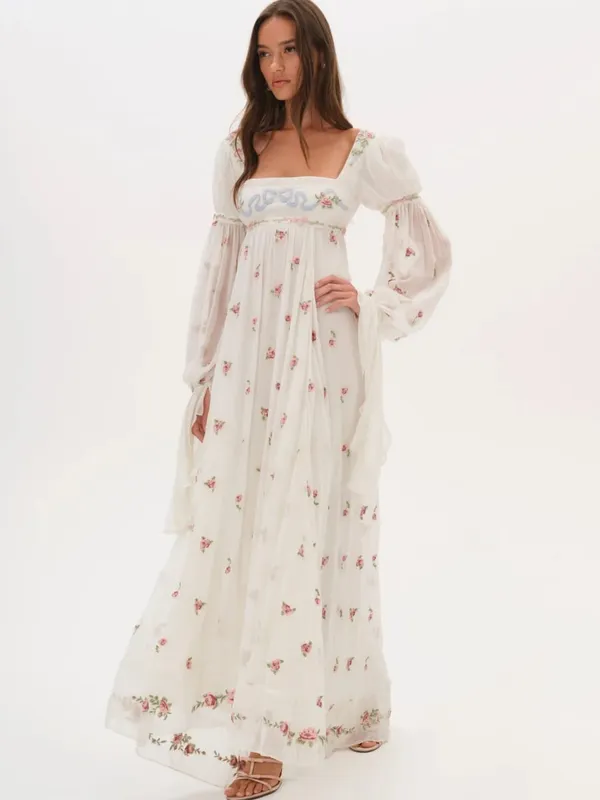 Cottagecore Floral Maxi Dress Women's Square Neck Long Puff Sleeve Empire Waist Chiffon Flowy Vintage Boho Wedding Guest Dress