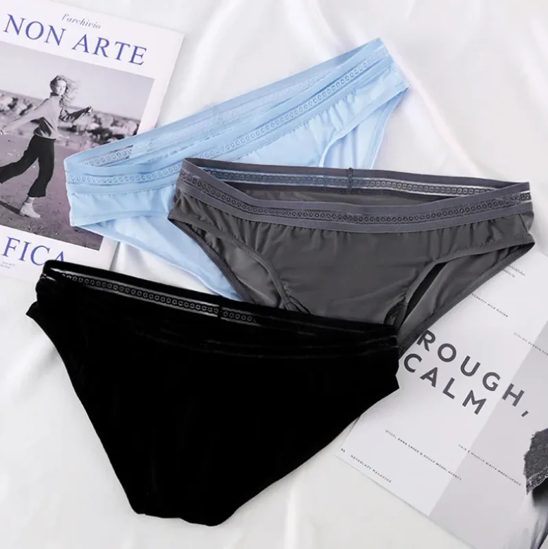 New Men's Ice Silk Briefs Ultra-thin Quick Dry High Elastic Lace Waistband Panties Sexy Seamless Breathable Bikini Underwear