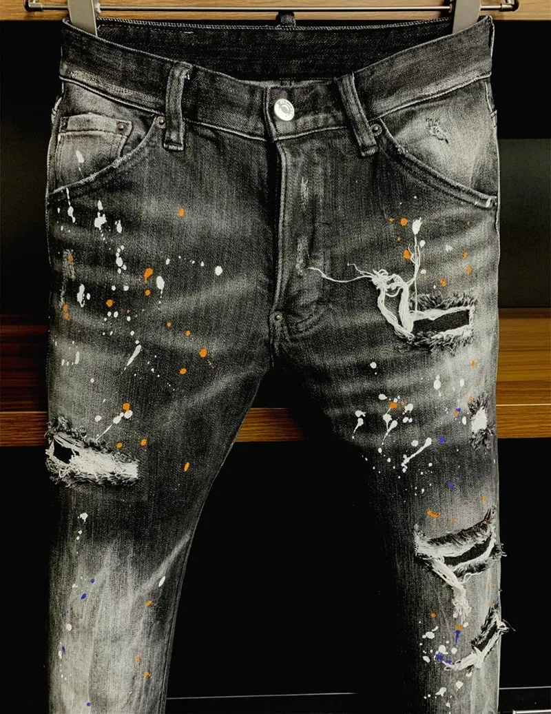 new design style Men Jeans Coolguy Long Pants Straight Multiple Pockets Hole SLIM top quality black D2 jeans pant 9902 — image 2