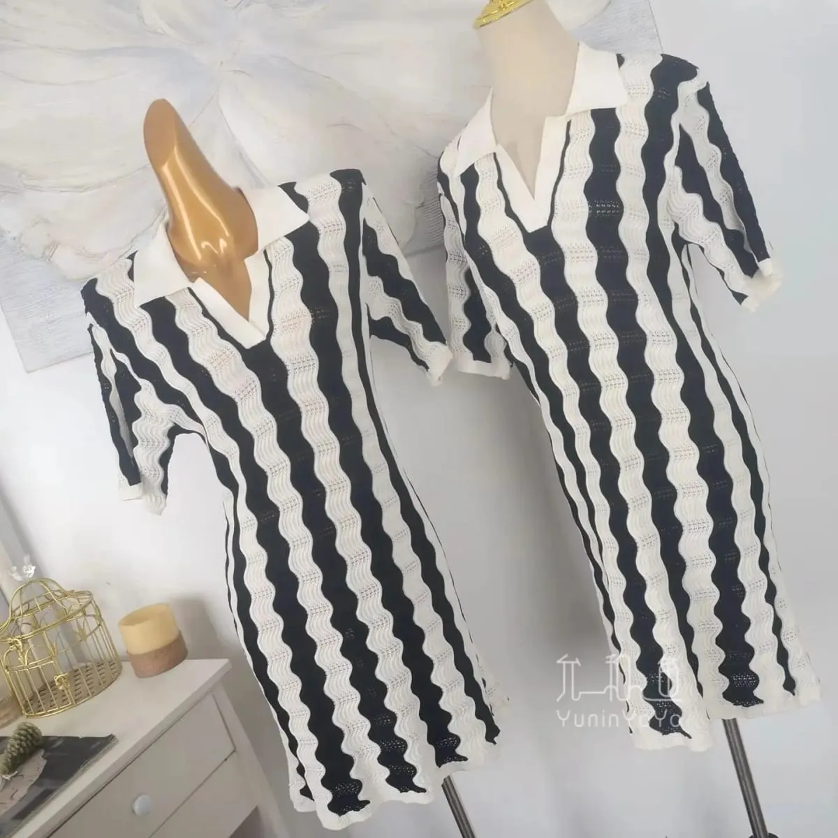 Polo Collar Half Vneck Wave Stripe Knit Dress Women Hollow Jacquard H-line Straight Short Dress Summer Elegant Ladies Mini Dres — image 3