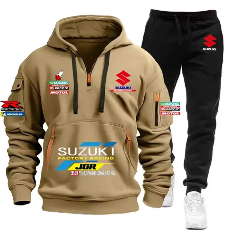 2026 Suzuki Men's Hoodie, Half-Closed Front Multi-Pocket Sport Shirt + Athletic Pants Two-Piece Set for Cycling, Running and Mot — image 10