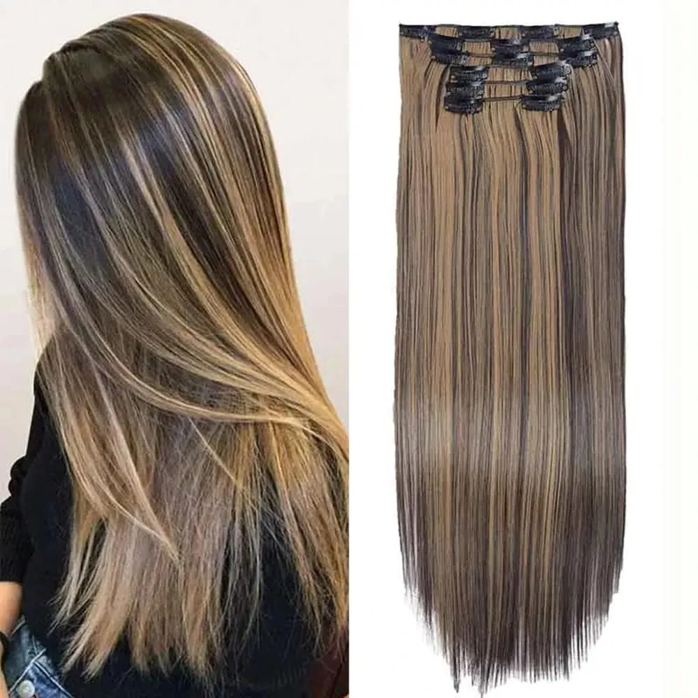 24 Inches Long Synthetic Hairpieces for Women 6Pcs Medium Brown Blonde Highlights Clip In Natural Thick DIY Styling Fiber Hair — image 2