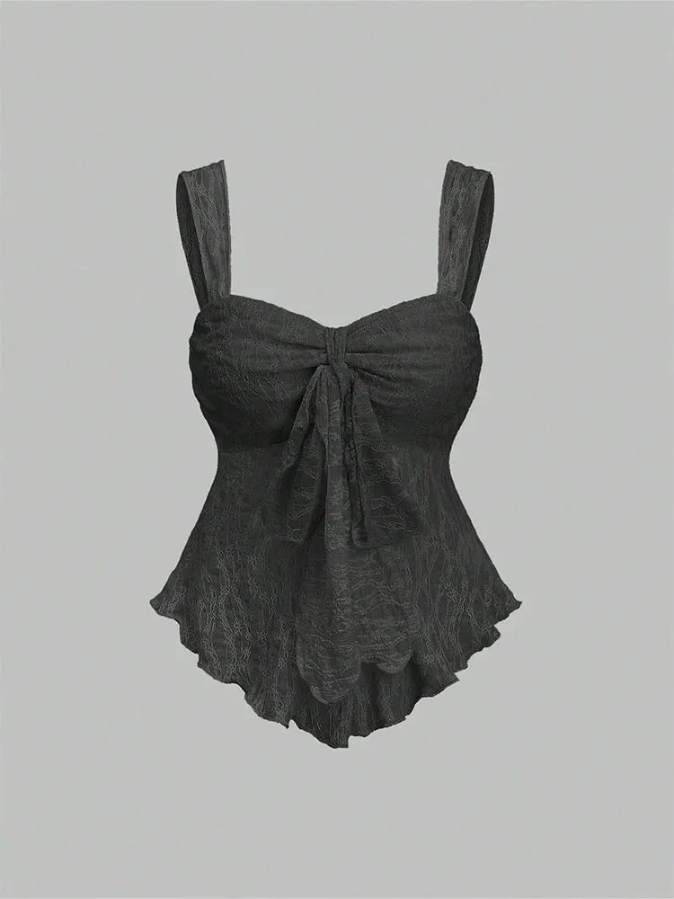 2026 Summer Women Y2K Coquette Floral Lace Knotted Bow Slim Fit Irregular Ruffled Hem Sweetheart Neck Wide Strap Cami Tank Top