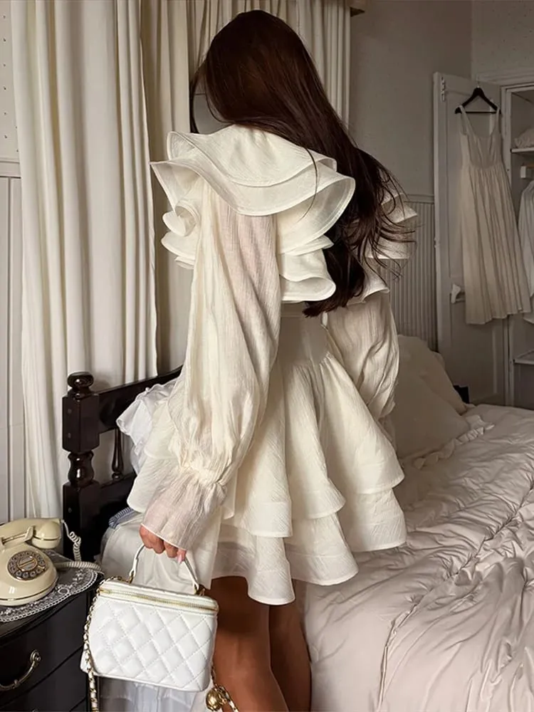Solid Ruffle Mini Dress U Neck Long Puff Sleeve Tie Neck Tiered Hem Sweet Style Gown Soft Pastel Tones Fashion Chic Women Outfit — image 3
