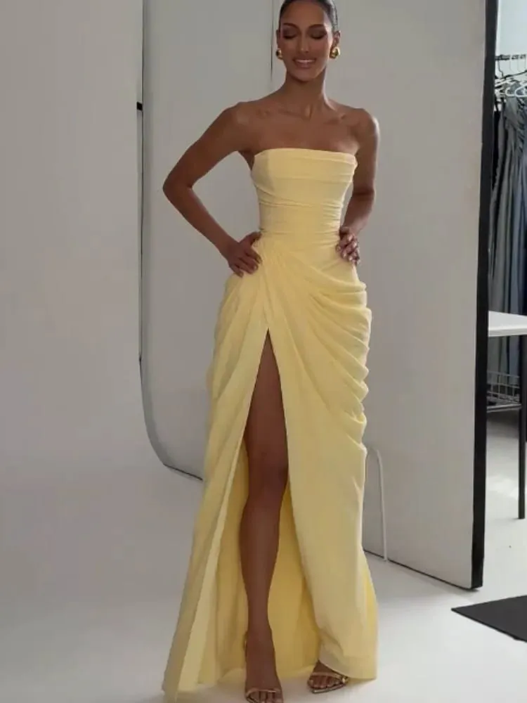 Gelbes, trägerloses, plissiertes Frauen-Split-Maxikleid, elegantes, ärmelloses Taillen-Cinch-Slim-Fit-Kleid, 2026, Damen-Tagesparty-Kleider — image 2