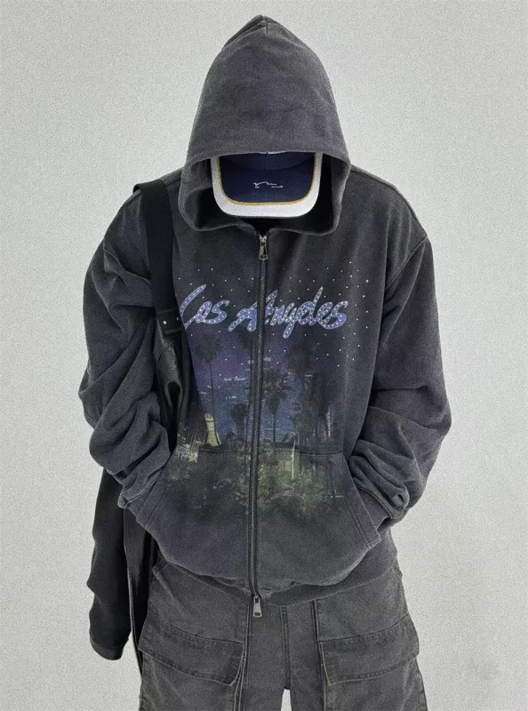 False Rhinestone Starry Sky Pattern Print Washed Zipper Loose Hoodie Street Casual Cotton Versatile Sports Trendy Sweatshirt — image 6