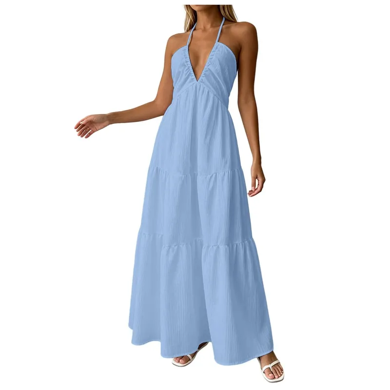 Summer Halter Neck Women's Dress Elegant Chic Wedding Party Beach Dress Backless Flowy Vacation Boho Sling Long Dresses Women — image 15