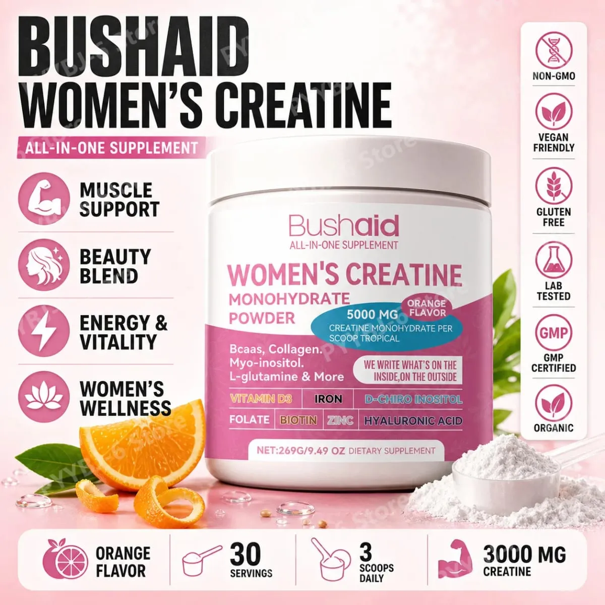 BushAid Women's Creatine Monohydrate Powder 5000mg 269G Orange Flavor with BCAA Muscle Strength Workout Support 30 Servings — image 2