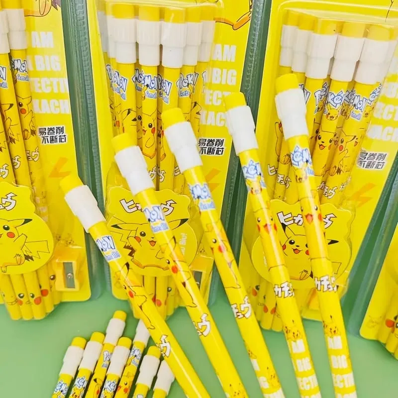 12pcs pokemon pencil with Eraser Pencil Sharpener cute pikachu Anime Figure School Supplies Office Stationery Kawaii Tools Gifts