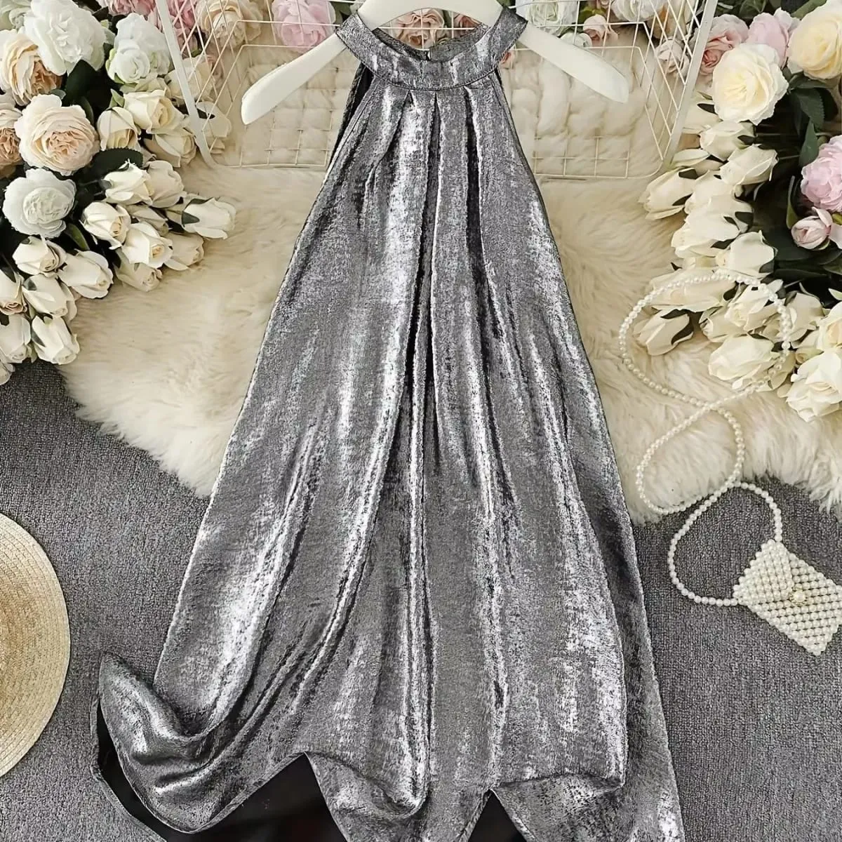 Elegant Dresses for Woman Silver Metallic Halter Neck Maxi Dress Sleeveless Elegant Drape Evening Parties and Special Occasions