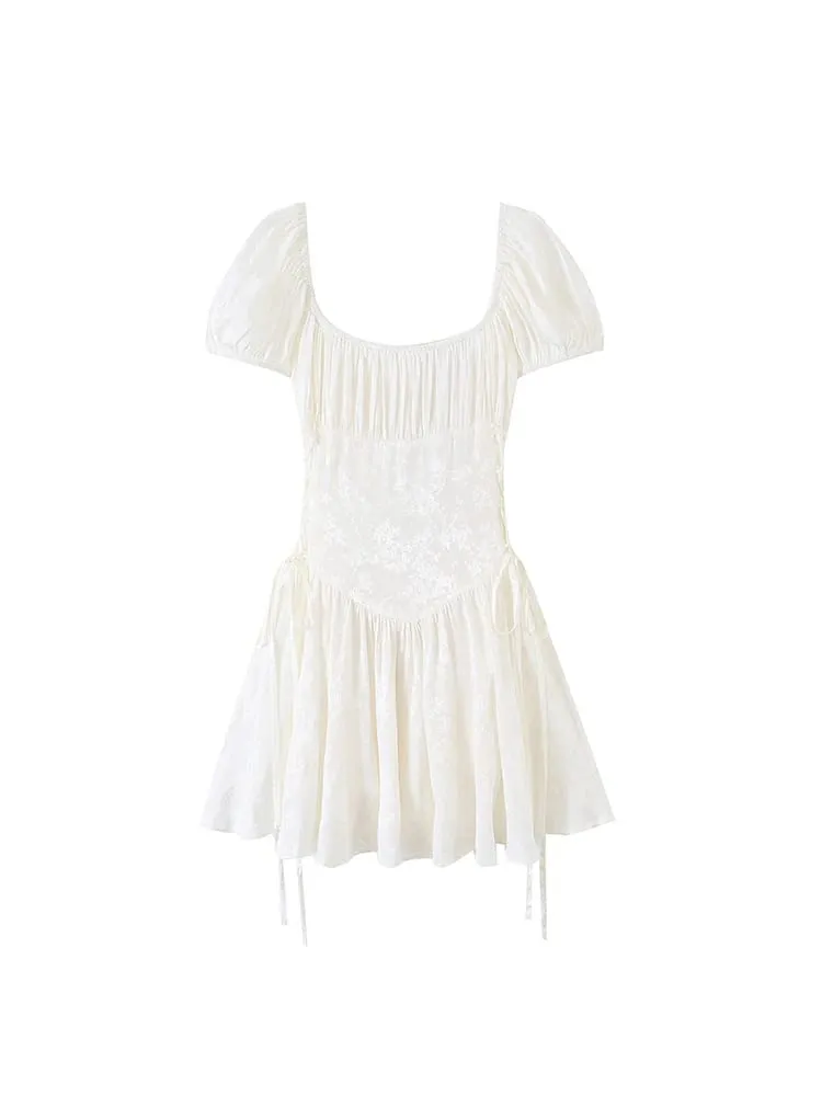 New 2026 Women Mini Dress Square Collar Puff Short Sleeve A Line Dresses Elegant Slim Fit Bandage Party Summer Clothing