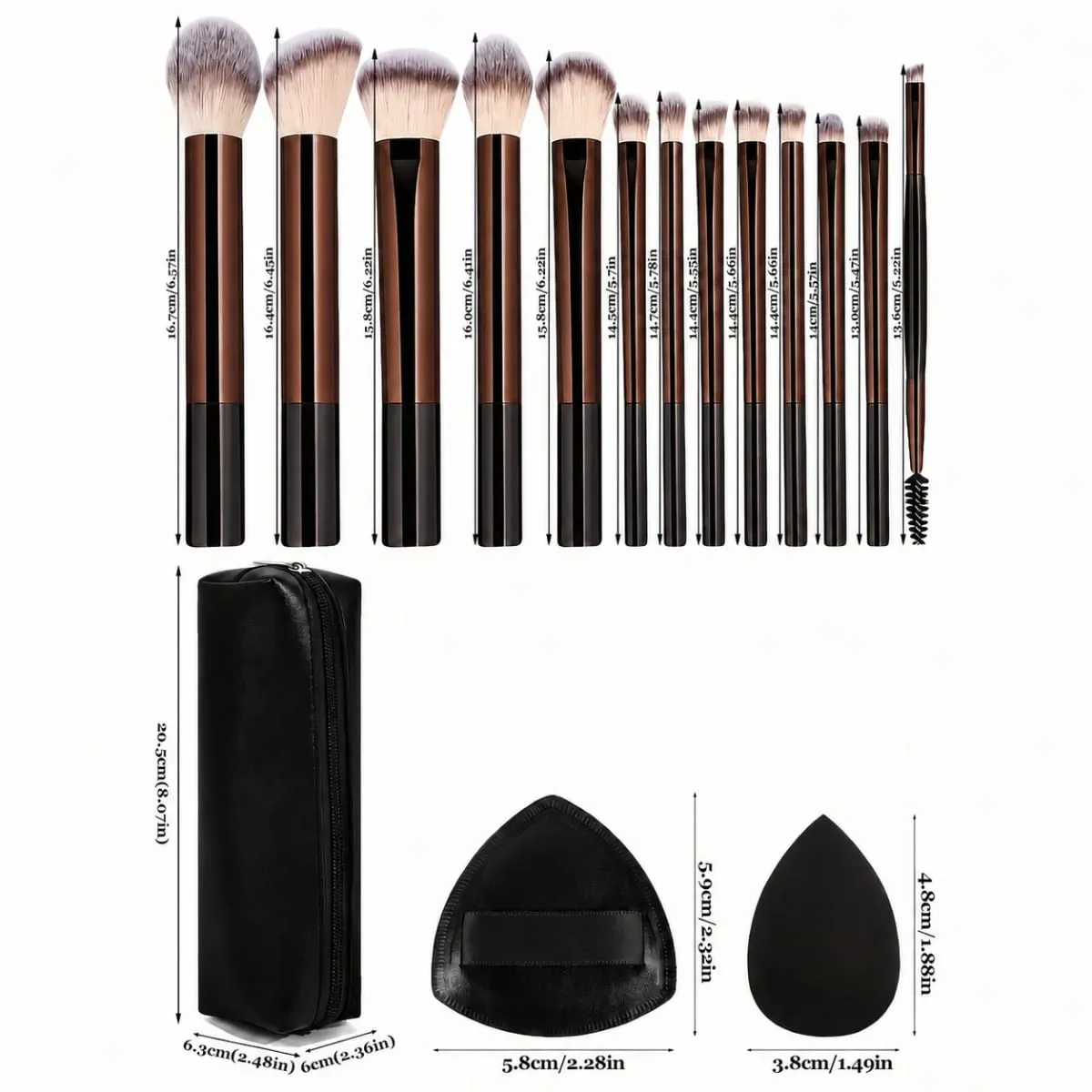 17PCS Professional Makeup Kit Including 13 Aluminum Brushes Carry Bag & 3 Sponge Puffs Powder Eyeshadow Blush and Detail Too