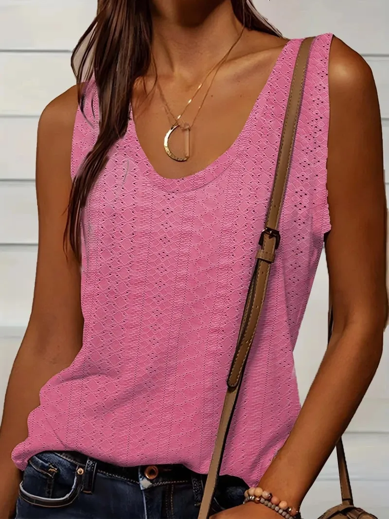 Women's Tank Top Spring Summer White V Neck Sleeveless Perforated Texture Relaxed Fresh Elegant Daily Casual Top — image 8