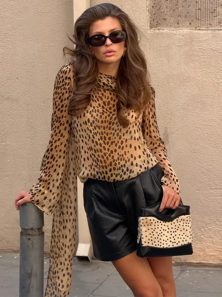 Sexy Leopard Printed Women Dress Long Sleeve See Through Hanging Neck Ribbon Lady Dresses 2026 Summer Autumn Chic Female Robe — image 2