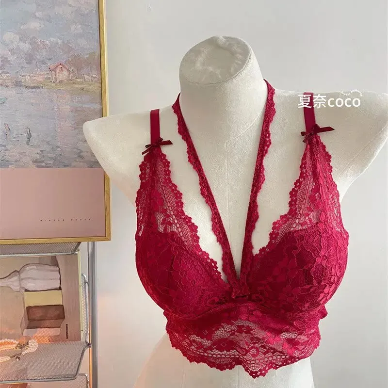 French Lace Wide Strap Thick Top Inner Lace Layer No Underwire Bra Set Petite Women Small Bust Comfort Lingerie Set 32-38 S-XL — image 10