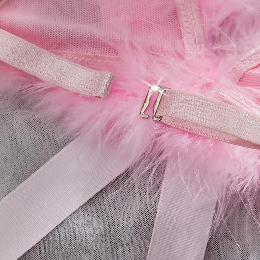 Christmas Furry Women's Underwear Wireless Mesh Transparent Lingerie Set Romantic Intimate Bow Decor Bra Panties Suit Home