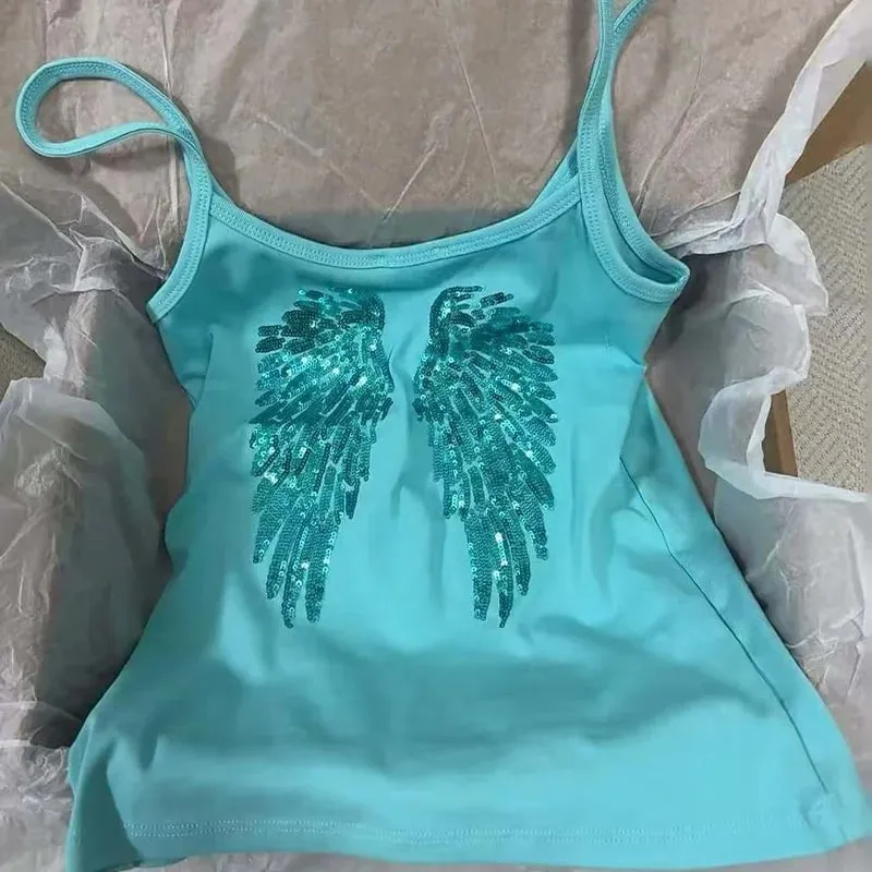 2026 Summer Women Y2K Vintage Sequin Angel Wings Back Print Spaghetti Strap Cami Top Slim Fit Casual Streetwear Party Tank Vest — image 1
