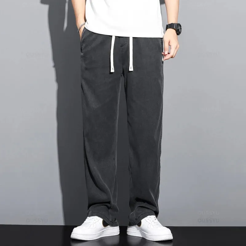 Sommer Blødt Lyocell stof Herre jeans Tynde Løse Lige Bukser Snøre Elastisk talje Korea Casual Bukser Plus Størrelse M-5XL