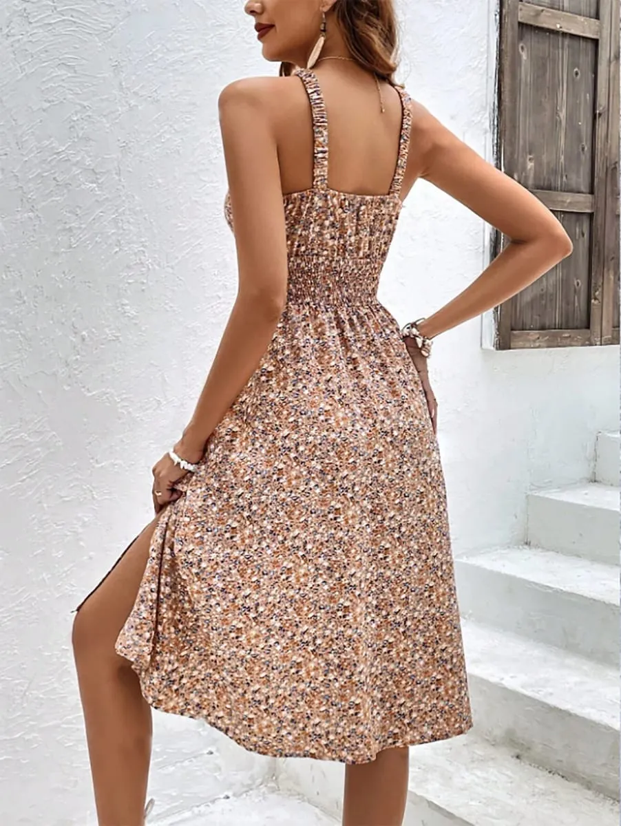 Midi Dress Spring Summer Women Beige Floral Print Halter Neck Shirred Waist High Slit Boho Casual Vacation Beach Date Dress