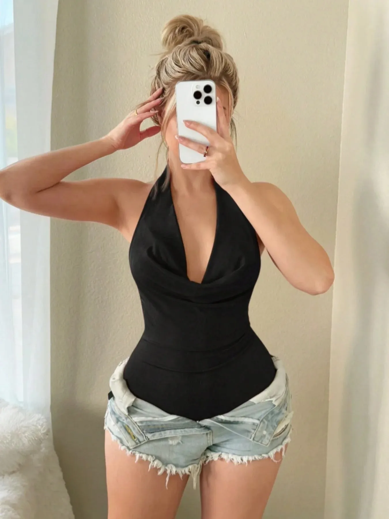 Women Halter Cowl Neck Deep V Sleeveless Slim Fit Body Shaping Bodysuit 2026 Summer Solid Black Club Casual Basic Jumpsuit Top — image 4
