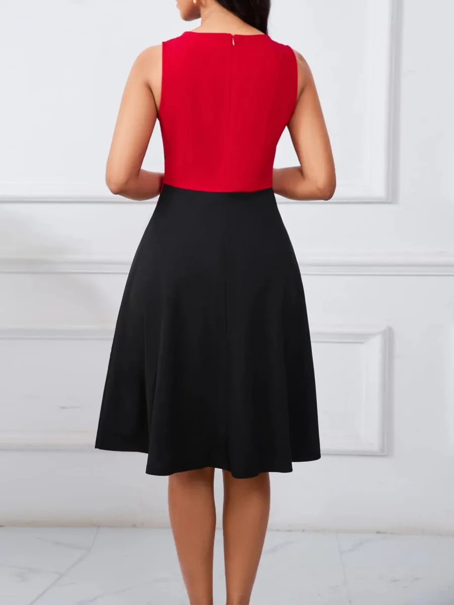 Womens Summer Sleeveless Elegant Front Zipper Work Office A-Line Colorblock Business Casual Party Slim Fit And Flare Swing Dress — image 3