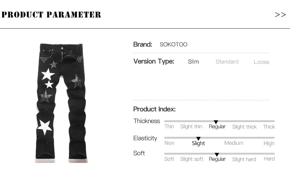 Men's Stars Patch Denim Jeans Streetwear Black Slim Bootcut Pants Punk Rivet Stretch Spandex Flared Trousers