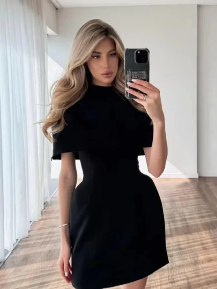Solid Shawl A-line Dress Women Elegant Round Neck Waist Cinching Slim Short Mini Dresses 2026 Lady Daily Party Evening Vestido — image 2